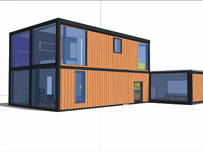 Modern Container Style Detached Villa With Large Glass Windows Orange Exterior And Black Frames 3d model