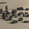 Poliform Collection Of Black Irregular Stones With Small Plant On Beige Background