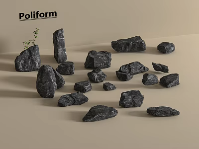 Poliform Collection Of Black Irregular Stones With Small Plant On Beige Background 3d model