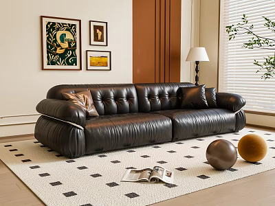 Black Leather Sectional Sofa with Wall Art Lamp Decorative Spheres on White Patterned Rug 3d model