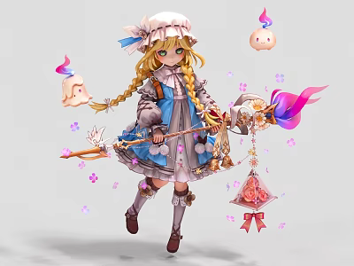 Game Anime Character Blonde Twin Braids In Blue Dress Holding Flame Staff With Pink Petals 3d model