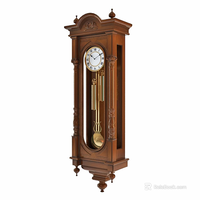 Classic Wooden Grandfather Clock With Carved Details Pendulum And White Dial 3d model 