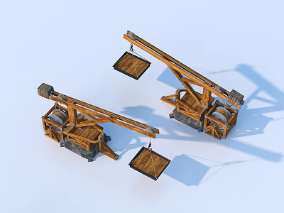 Two Wooden Household Lifting Devices With Extended Arm And Hanging Bucket Design 3d model
