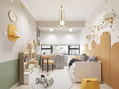Bright Kids Room Interior With Star Decorations Rainbow Desk Toy Car And Rug 3d model