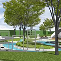 Loud Park Modern Landscape With Green Trees Water Fountain Curved Pathways And Green Lawn