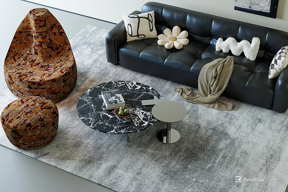 Black Leather Sofa and Marble Coffee Table Set With Decorative Pillows Throw Blanket 3d model 