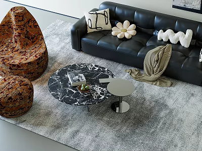 Black Leather Sofa and Marble Coffee Table Set With Decorative Pillows Throw Blanket 3d model