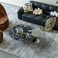 Black Leather Sofa and Marble Coffee Table Set With Decorative Pillows Throw Blanket