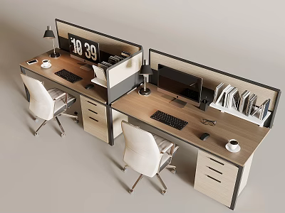 Modern Office Cubicle Desk And Chair Set With Computer Lamp Clock Files And Mug 3d model