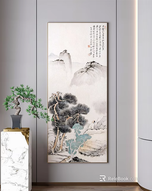 Chinese Landscape Painting With Pine Trees Mountains And Indoor Decorative Plants 3d model 