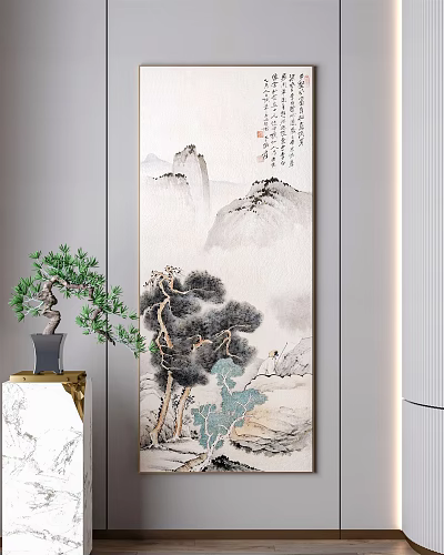 Chinese Landscape Painting With Pine Trees Mountains And Indoor Decorative Plants 3d model