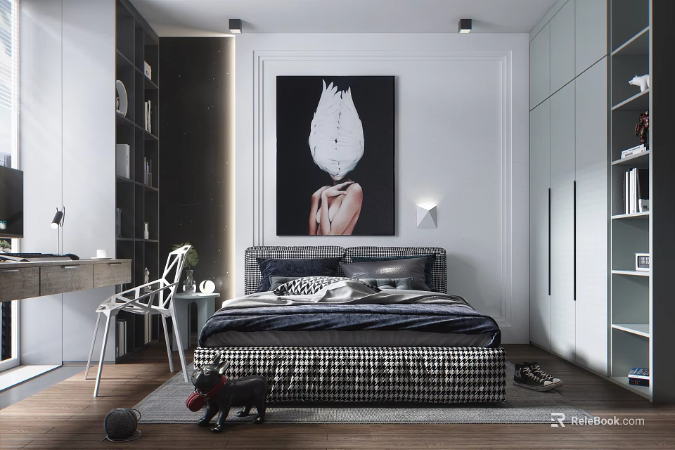 Modern Bedroom Interior With Dark Checkered Bedding Black and White Flower Painting White Cabinets 3d model 