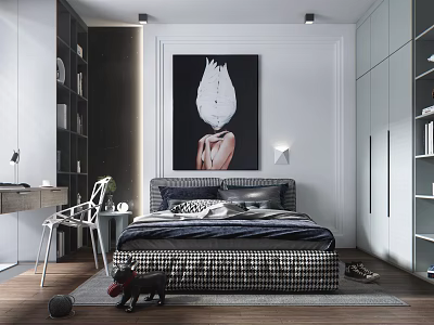 Modern Bedroom Interior With Dark Checkered Bedding Black and White Flower Painting White Cabinets 3d model