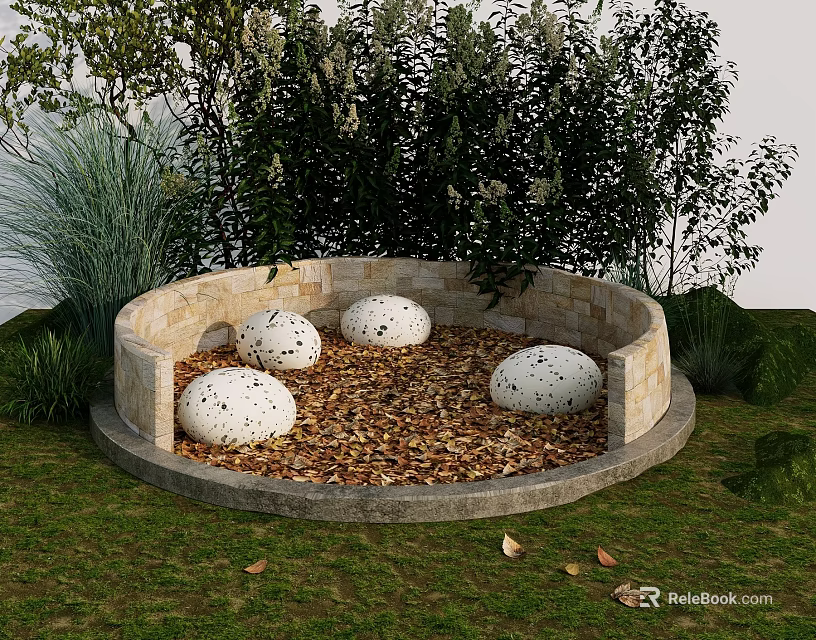 Round Outdoor Landscape Seats With White Spotted Spheres Gravel And Green Plants 3d model 