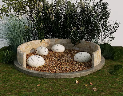 Round Outdoor Landscape Seats With White Spotted Spheres Gravel And Green Plants 3d model