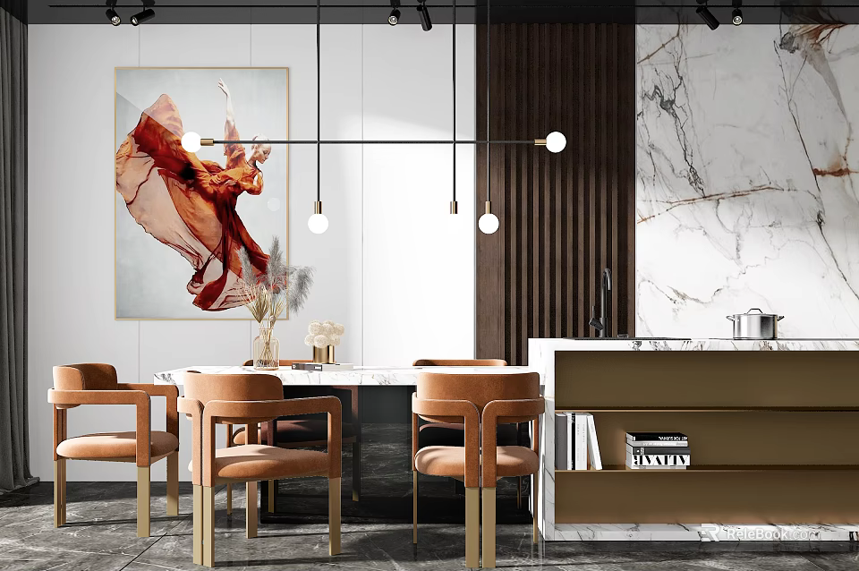 Elegant Modern Dining Table Set With Upholstered Chairs Pendant Lights And Artwork 3d model