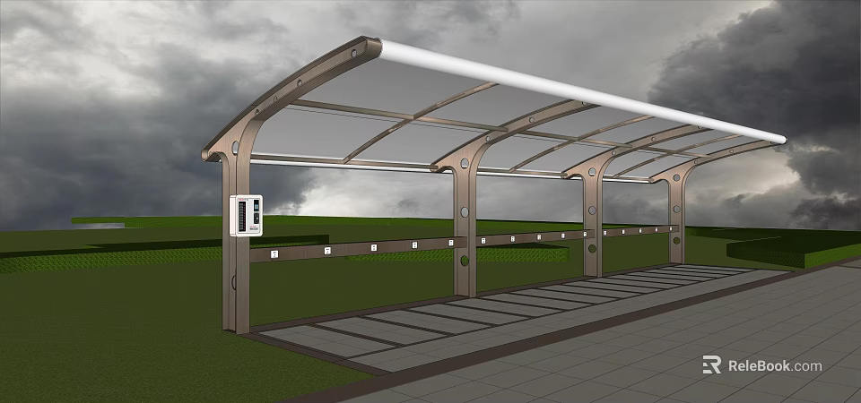 Modern Outdoor Canopy Structure With Metal Frame Transparent Roof And Slate Paved Floor 3d model 