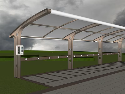 Modern Outdoor Canopy Structure With Metal Frame Transparent Roof And Slate Paved Floor 3d model