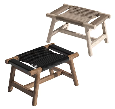 Modern Wooden Stools With Woven Seats In Light And Dark Colors For Home Decor 3d model