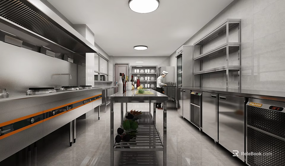 Modern Commercial Kitchen Space With Stainless Steel Worktables Shelves And Chef Preparing Vegetables 3d model 