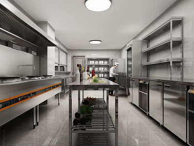 Modern Commercial Kitchen Space With Stainless Steel Worktables Shelves And Chef Preparing Vegetables 3d model