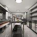 Modern Commercial Kitchen Space With Stainless Steel Worktables Shelves And Chef Preparing Vegetables