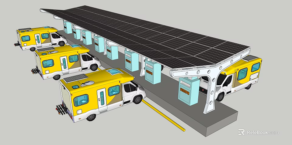 Solar Carport With Yellow Vehicles And Charging Stations In Parking Area 3d model 