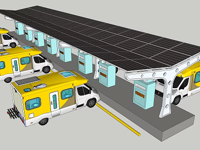 Solar Carport With Yellow Vehicles And Charging Stations In Parking Area 3d model