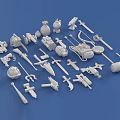 3D Printed White Weapon Models Collection With Various Types And Designs On Blue Background