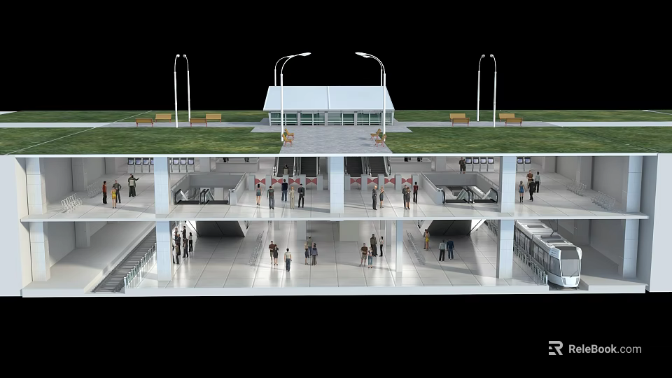 Multi Level Subway Station With Underground Platform Metro Train Street Lamps And Benches 3d model 