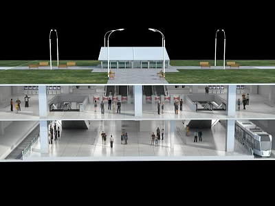 Multi Level Subway Station With Underground Platform Metro Train Street Lamps And Benches 3d model