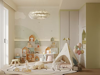 Cozy Kids Playroom Interior With Kids Teepee Cloud Decor Colorful Balloons Bookshelves And Play Rug 3d model