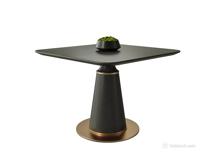 Modern Dining Table With Square Black Tabletop Conical Base Gold Accents And Small Potted Plant 3d model 