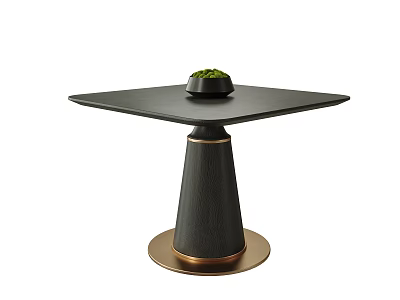 Modern Dining Table With Square Black Tabletop Conical Base Gold Accents And Small Potted Plant 3d model