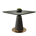Modern Dining Table With Square Black Tabletop Conical Base Gold Accents And Small Potted Plant