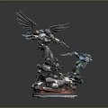 Winged Armored Game Movie Character Battling Blue Warrior On Rock Base With Flames