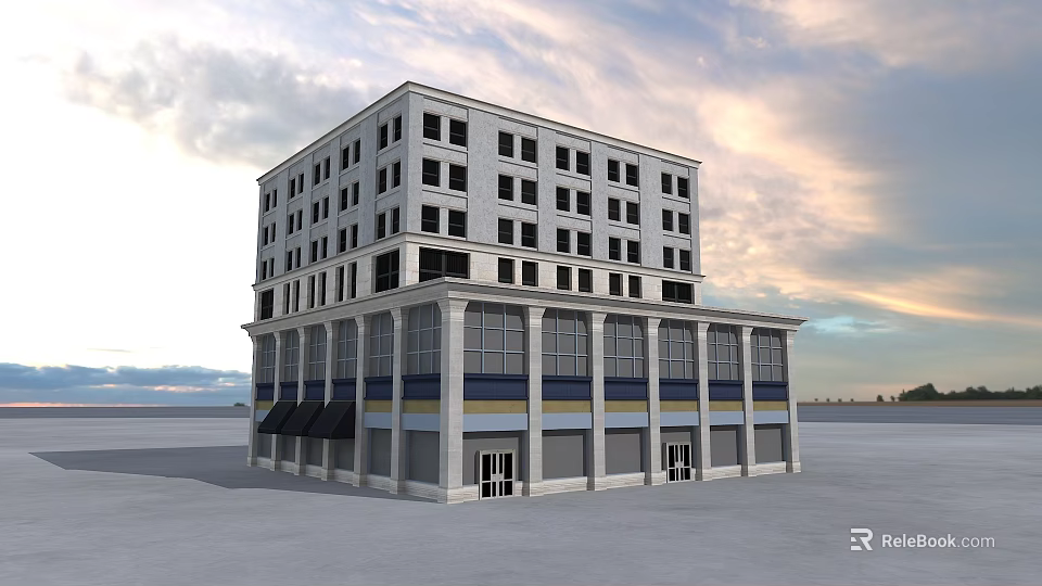 Modern Multi Story Commercial Complex With Ground Floor Shops Large Windows And Awnings 3d model 