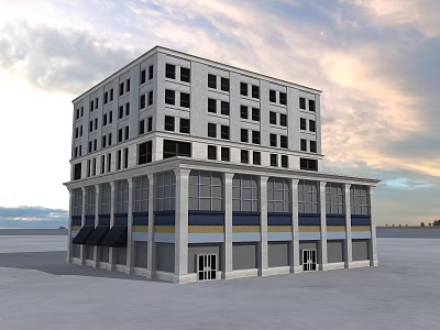 Modern Multi Story Commercial Complex With Ground Floor Shops Large Windows And Awnings 3d model