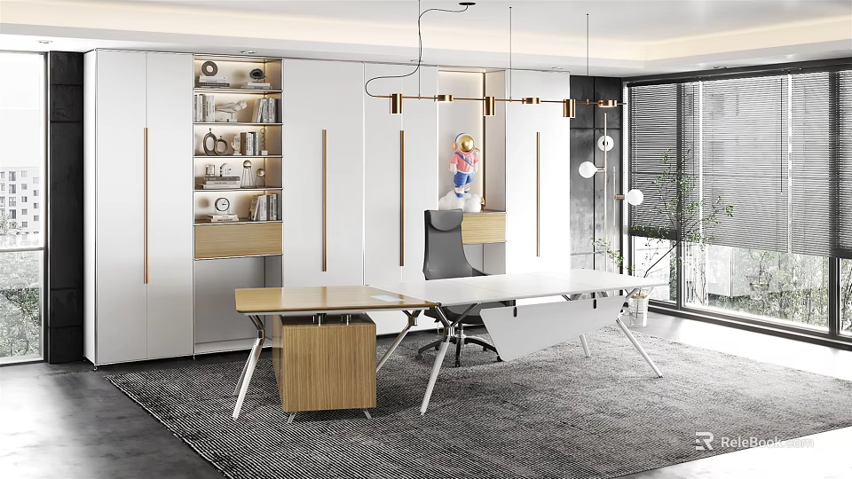 Modern Office Interior Design With Desk Ergonomic Chair White Cabinets Hanging Lamps And Large Window 3d model 