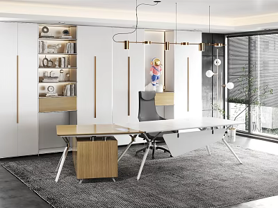 Modern Office Interior Design With Desk Ergonomic Chair White Cabinets Hanging Lamps And Large Window 3d model