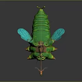 Green Caterpillar With Blue Wings And Small Rider On Back Fantasy Creature Design