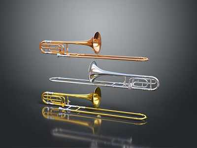 Three Different Colored Trombones Copper Silver Gold on Black Background With Reflections 3d model