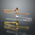 Three Different Colored Trombones Copper Silver Gold on Black Background With Reflections