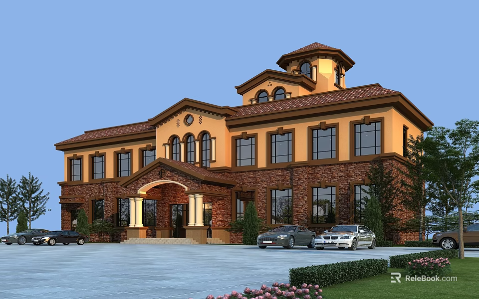 Classical Red Brick Office Building With Yellow Facade Towered Roof Parking Cars Lawn Flower Beds 3d model 