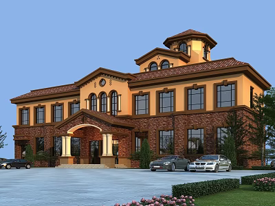 Classical Red Brick Office Building With Yellow Facade Towered Roof Parking Cars Lawn Flower Beds 3d model