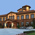 Classical Red Brick Office Building With Yellow Facade Towered Roof Parking Cars Lawn Flower Beds