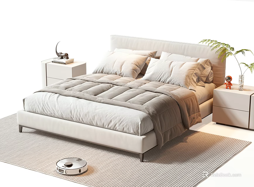 Modern Double Bed with Gray Comforter Pillows Nightstands Green Plant and Robot Vacuum on Rug 3d model 