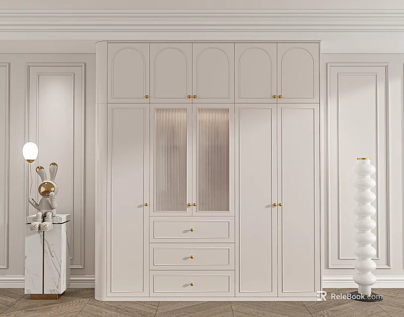 Elegant White Wardrobe With Gold Hardware Glass Doors And Storage Drawers Design 3d model 