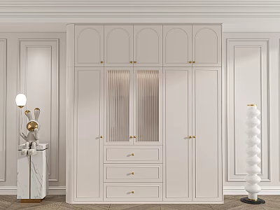 Elegant White Wardrobe With Gold Hardware Glass Doors And Storage Drawers Design 3d model
