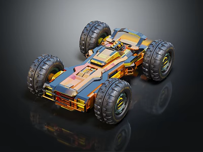 Orange And Blue Toy Car With Large Tires And Metallic Sporty Design 3d model